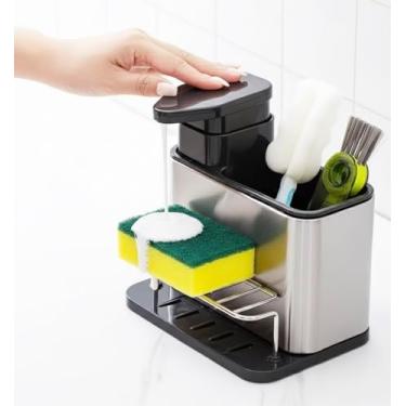 Imagem de Porta Detergente Inox 3 em 1 com Dispenser de Sabão Líquido + Suporte para Esponja e Utensílios – Cozinha Organizada e Moderna