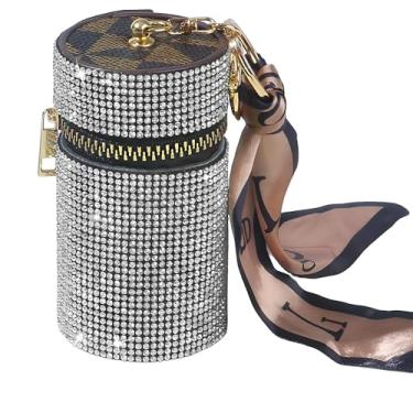 Imagem de MINGZAIQIPEI Estojo de batom brilhante com strass brilhante, suporte de couro para brilho labial, organizador de batom de viagem para bolsa, perfume, esmalte de unha, Branco, Portátil