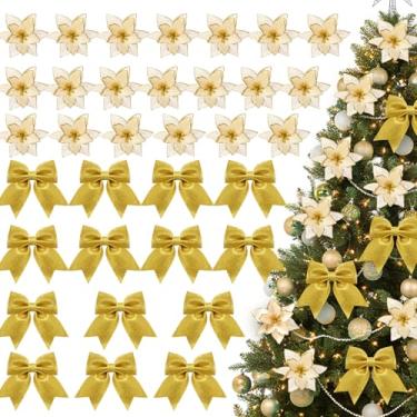 Imagem de Giegxin Pacote com 48 laços de Natal com glitter e flores de poinsétia com glitter para escadas, corrimão, guirlanda, guirlanda, árvore de Natal, decorações de festas de fim de ano, suprimentos (ouro)