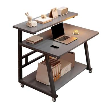 Imagem de HGTRH Mesa de suporte para sentar, mesa de computador com rodas de freio, rack de armazenamento de 3 camadas, mesa de mesa dupla, design de arco, pequena mesa rolante, estação de trabalho para