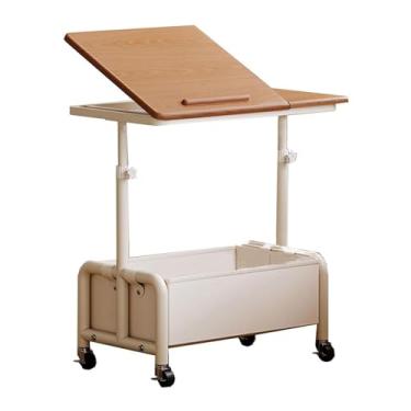 Imagem de HGTRH Mesa auxiliar de cama, mesa de computador com cesta de armazenamento de couro 48 * 33 * 16 cm armazenamento de camada dupla barras anti-queda ajuste de altura 55-75 cm 60 * 40 cm A