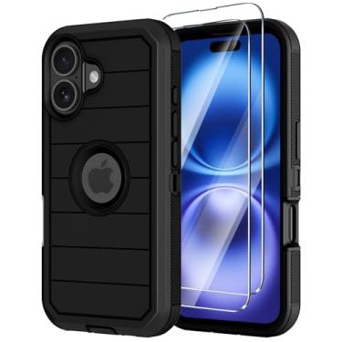 Imagem de Capa para iPhone 16 Plus com protetor de tela, capas resistentes de 3 camadas de proteção contra quedas de grau militar, capa de celular resistente à prova de choque e poeira para Apple 16 Plus de 6,7