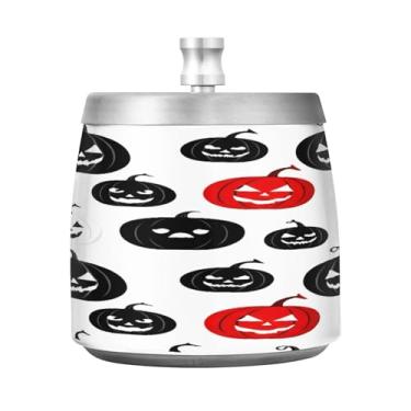 Imagem de Qilmy Cinzeiro de aço inoxidável padrão de Halloween com tampa - Cinzeiro de cigarro à prova de vento sem cheiro sem fumaça para casa, escritório, carro, pátio, varanda (uso interno e externo)