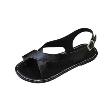 Imagem de Sandália feminina com fivela de bico redondo e rasteira, calçado casual de verão para mulheres, design confortável para atividades ao ar livre, Preto, 36
