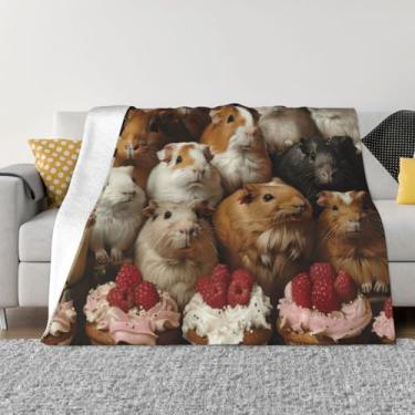 Imagem de Cobertor de viagem macio e divertido com estampa de porquinhos-da-índia e cupcakes, adequado para sofás e camas.