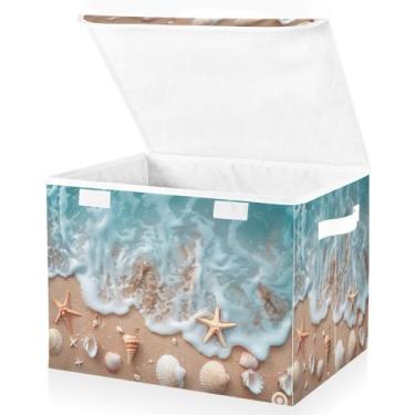 Imagem de Blueangle Cestos de armazenamento de praia de verão e concha de estrela do mar com tampas, 42 x 32 x 30 cm, grande cesta organizadora dobrável para decoração de casa e escritório (508)