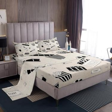 Imagem de Homewish Jogo de lençol casal com tema de cinema, estilo cinema vintage, para crianças, meninos e meninas, inclui 1 lençol de cima, 1 lençol com elástico, 2 fronhas