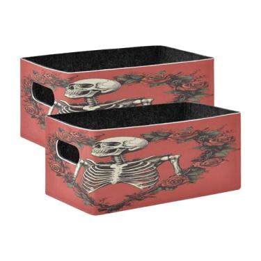 Imagem de xigua Conjunto de 2 caixas de armazenamento emolduradas por esqueleto de rosas, cubo de armazenamento dobrável, organizador de cestas de armazenamento para livros, prateleiras, armário, lavanderia