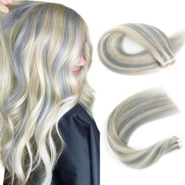 Imagem de Sassina Extensões de cabelo com fita adesiva - cabelo humano, tramas de pele dupla face de 35,5 cm, loiro prateado a platinado, invisível, 50 g, 20 peças