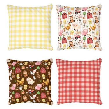 Imagem de Kit 4 Capas de Almofada Infantil Decorativa Fazendinha Xadrez - Fabrik