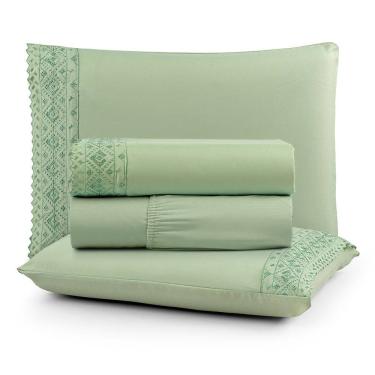 Imagem de Jogo De Lençol Nobre Solteiro 3 Peças Micropercal 200 Fios Bordado Inglês Fino - Verde Folha - 100% Poliéster