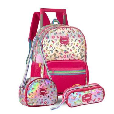 Imagem de Kit Mochila Rodas Holográfico Happy Lancheira E Estojo Duplo - Clio St