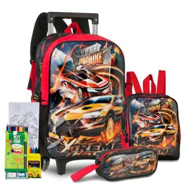 Imagem de Kit Mochila Rodinha Estojo Lancheira Infantil Fast Machine Carros Fórm