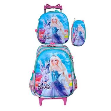 Imagem de Kit Mochila com Rodinhas da Barbie em 3D + Lancheira Térmica + Estojo 