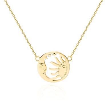 Imagem de LHDUF Pingente de colar de cartão de tarô banhado a ouro 14K simboliza o sol lua estrelas combinação oca redonda adequada para mulheres meninas moda cartão de tarô colar joias, Metal,