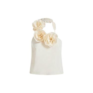 Imagem de BEAUDRM Camiseta regata feminina 3D floral frente única frente única sem mangas, Bege, P