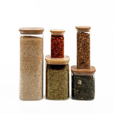 Imagem de Kit de Pote Hermético de Vidro Quadrado com Tampa de Bambu 5 Peças - O