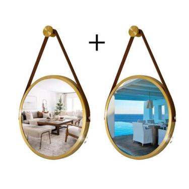 Imagem de Kit 2 Espelhos Redondo Decorativo Suspenso Alça 40cm + suporte Dourado