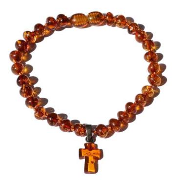 Imagem de Pulseira 18cm Âmbar Báltico Mel Escuro Polido com Pingente de Cruz - Â