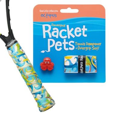 Imagem de Racket Pets Amortecedor de raquete de tênis infantil e fita de overgrip combinando, amortecedor de absorção de choque para raquete de tênis e fita adesiva divertida com estampa animal (polvo)