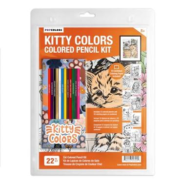 Imagem de Lápis de cor Kitty Colors e páginas de colorir para amantes de gatos | Conjunto de presente de 12 lápis de cor temáticos de gato com nomes engraçados estampados em folha e 10 páginas divertidas para