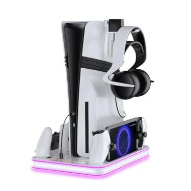 Imagem de JDDWIN PS5 Pro / PS5 / Slim/Stand e estação de resfriamento com controle de LED estação de carregamento para PlayStation 5 Slim Disc/Pro edição digital console com ventilador de resfriamento de 3