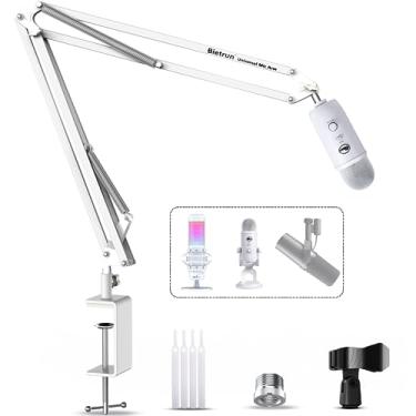 Imagem de Bietrun Suporte De Mesa Para Braço De Microfone Branco Para Wave/Blue Yeti/Snowball/Hyperx Quadcast/Shure Sm7B/Sm58/Mv7/At2040, Braço De Lança De Mesa De Tesoura Ajustável De Metal 360 ° Com Clipe De