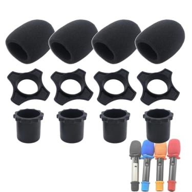 Imagem de Cheerock Conjunto de 4 kits de proteção de microfone de mão sem fio preto - anel de silicone antirolamento à prova de agitação, suporte de manga de haste inferior, capa de espuma de para-brisas para