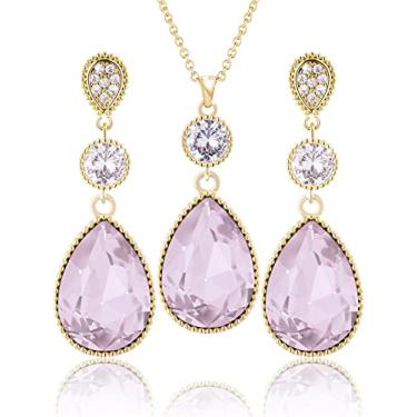 Imagem de Qinpan 18 * 13 mm pingente de cristal gota gota pingente pingente colar e brincos conjunto de joias para mulheres fantasia banhado a ouro, 38*14.5mm, Ouro amarelo, Cristal