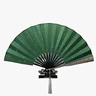 Imagem de PHAVN Ventilador dobrável de tecido de seda clássico estilo chinês, várias cores disponíveis (incluindo pingente de ventilador e caixa de ventilador) (cor: verde, tamanho: 60 * 33 cm)