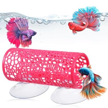 Imagem de Rede de brinquedos de peixe Betta vermelho rosa e túnel Betta, decoração segura de aquário para peixes e camarões pequenos, acessórios de tanque Bettas com ventosas, esconderijo perfeito e área de