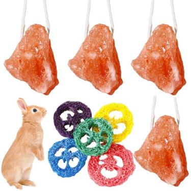 Imagem de Lanxitown Peças De Brinquedo Para Lamber Sal Coelho E 5 Buchas Mastigáveis, Bloco Do Himalaia, Mineral Natural Pequenos Animais Com Corda, Hamster (A)