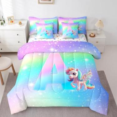 Imagem de Feelyou Conjunto de cama solteiro de unicórnio fofo para crianças, com inicial A, 7 peças, letras do alfabeto, conjunto de edredom com lençol de presente com monograma, 7 peças