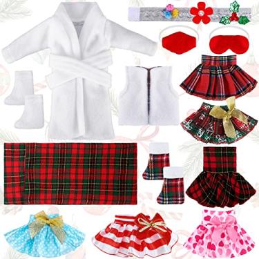 Imagem de Conjunto de acessórios de 14 peças de roupas de boneca de elfo de Natal, incluindo saias, roupão, saco de dormir de Natal, colete fofo, camisa, cachecol de bolinhas e 2 pares de botas para boneca de elfo