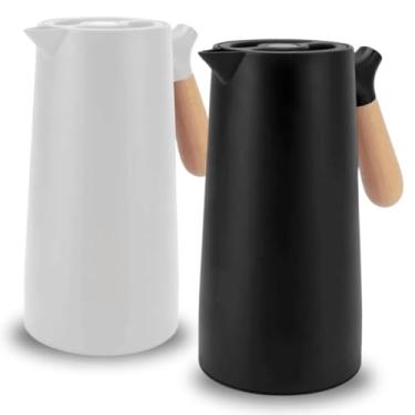 Imagem de Garrafa Térmica 1L Elegante com Cabo de Madeira – Branca | Conserva Quente e Frio por 12h, Gatilho para Servir, Ideal para Café e Chá - Design Elegante e Funcionalidade Premium