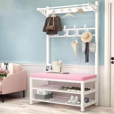 Imagem de Cabideiro De Metal Em Pé Com Banco De Sapatos Árvore De Casacos De Entrada Industrial Moderna Com 11 Ganchos E Sapateira De 2 Camadas 4 Em 1 Hall Tree Para Corredor Fácil De Montar, C, 80X33X170CM