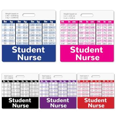 Imagem de Besoar Pacote com 5 crachás de estudante de enfermeira - acessórios horizontais de enfermagem azul rosa, roxo, vermelho, preto, cores identificadoras de identificação com tabelas de conversão para