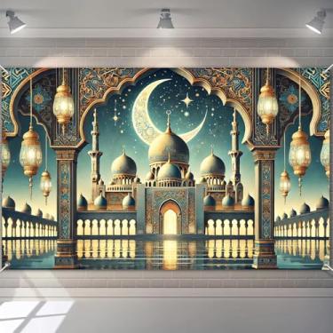 Imagem de BlissYard Ramadã Decoração Banner Lua Crescente Mesquita Lanternas Pano de Fundo Decoração de Parede Islâmica Poliéster Eid Mubarak Placa Pendurada com Ganchos Corda para Celebração do Festival
