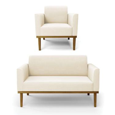 Imagem de Sofá Namoradeira Com Poltrona Base De Madeira Fixa Castanho Marisa Veludo Bege D03 - D?rossi