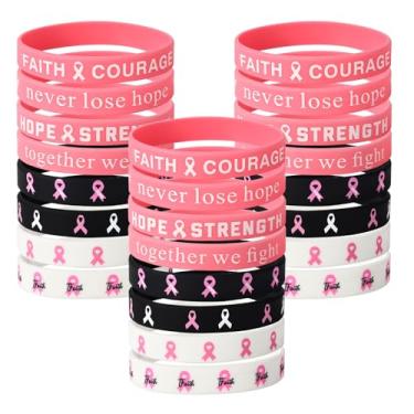 Imagem de 24un Pulseira Sensibilização o Peito, 8 Estilos Pulseira Fita Rosa Silicone com Vocabulário Encorajador para Mulheres Caridade Evento de Bem-Estar Social Material