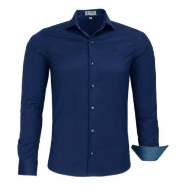 Imagem de Camisa Social Amil Masculina Slim Elastano Passa Fácil 1766, Azul, Mar