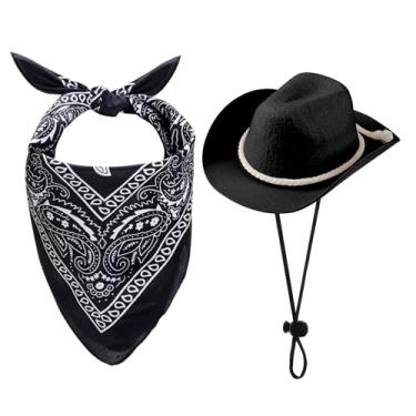 Imagem de choyaxo Chapéu de cowboy para cães, fantasia de caubói para cães pequenos, gatos, chapéu de caubói com bandana conjunto de cachecol acessórios de festa (preto, grande)