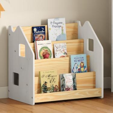 Imagem de IDIMEX Livreiro de Chão Montessori em Madeira 4 Nichos cor Branco Natural Estante Infantil Casinha Bruno