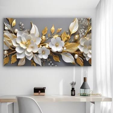 Imagem de Arte de parede em tela rústica com pérolas brancas de flores douradas - Pôster sem moldura de 30 x 61 cm - Decoração de casa e escritório para sala de estar, quarto, cozinha e café