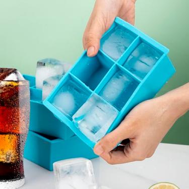 Imagem de Bandeja de silicone para cubos de gelo de 6 cavidades | Moldes quadrados de gelo de 5 cm (azul), multiuso para geleia e velas | Pode ser lavado na lava-louças, sem BPA, fácil liberação