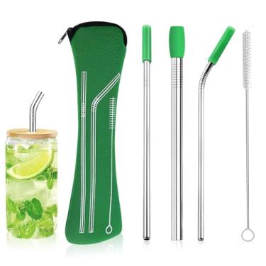 Imagem de 4 canudos de aço inoxidável com ponta de silicone, canudos reutilizáveis com saco, verde