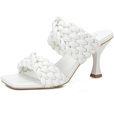 Imagem de WSKEISP Sandálias femininas de salto alto, sem cadarço, quadrado, bico aberto, aberto nas costas, chinelos de salto alto, Branco, 10