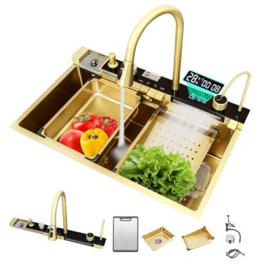 Imagem de NOYHHAV Pia de cozinha de aço inoxidável para bancada ou tigela única embutida com cesta de drenagem, tábua de corte, pia de vegetais, conjunto de torneira multifuncional (ouro, 84 x 45 x 23 cm)