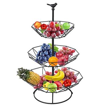 Imagem de HDZWSBVT Cesta de arame de metal de 3 camadas para frutas e legumes, bancada, cesta de frutas, suporte de armazenamento, removível e montado, bandeja de alimentos para sala de estar, preta