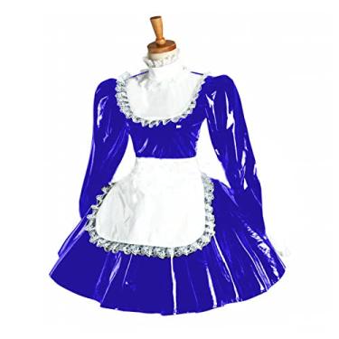 Imagem de Vestido feminino plus size bufante manga comprida avental de renda PVC Wetlook Maid fantasia, azul, G